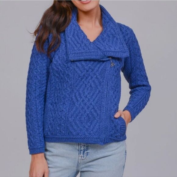 Quills Ireland Aran Knit Wool Side Blue Button Cardigan Size Small - Picture 1 of 7